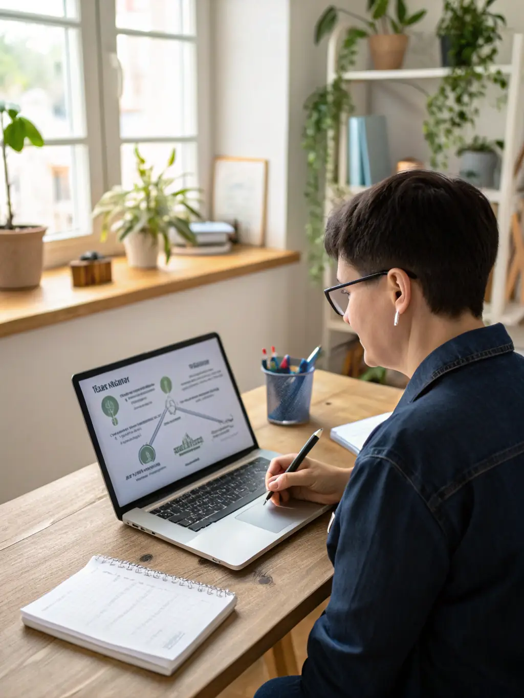A professional individual reviewing a career plan with a coach in a bright, inspiring workspace.