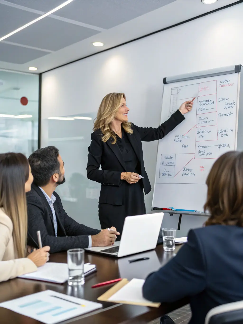 A professional business coach in a sharp suit, confidently leading a workshop with diverse participants, emphasizing leadership coaching techniques.