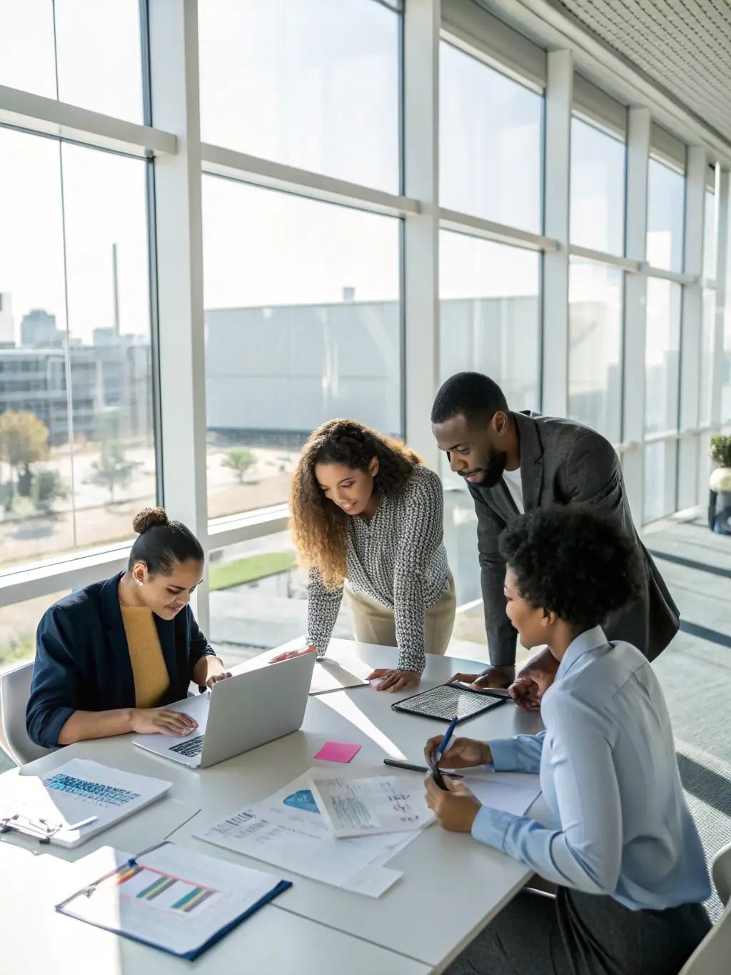 A diverse team collaborating effectively in a modern office, showcasing improved teamwork and communication skills after coaching.
